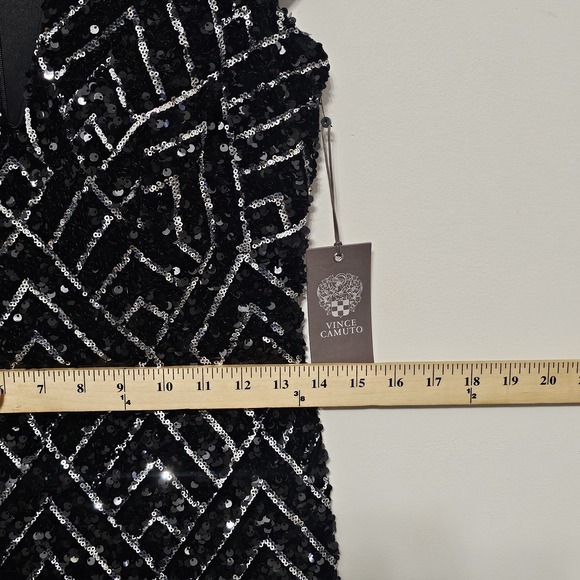 Vince Camuto Women Dress 4 Black Mini Capped Sleeve Deep Vneck Sheath Sequin 748 - Picture 6 of 15